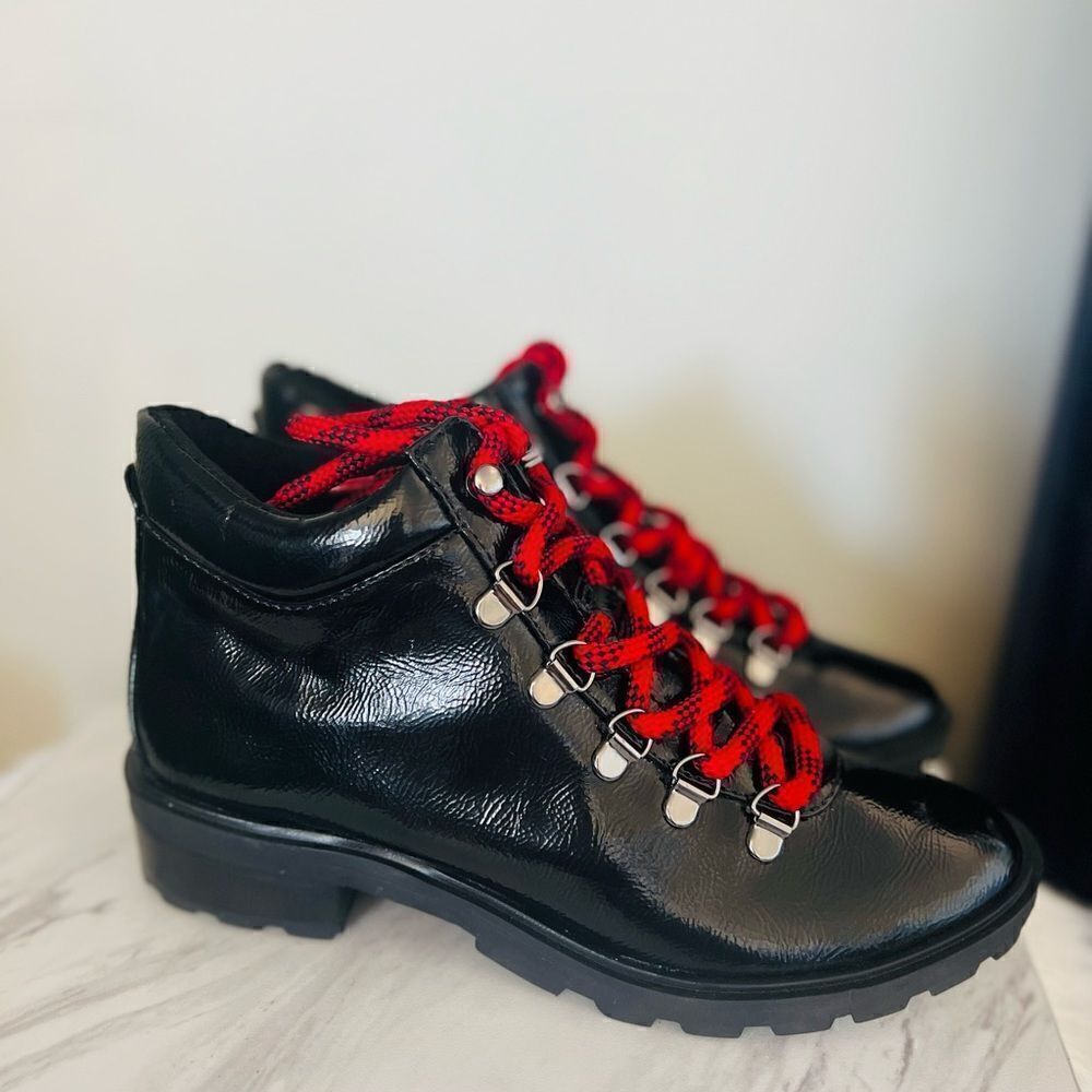 SCHUTZ Patent Leather‎ Hiking Boots Booties, Red Laces/Black, Size 6.5, NWOT